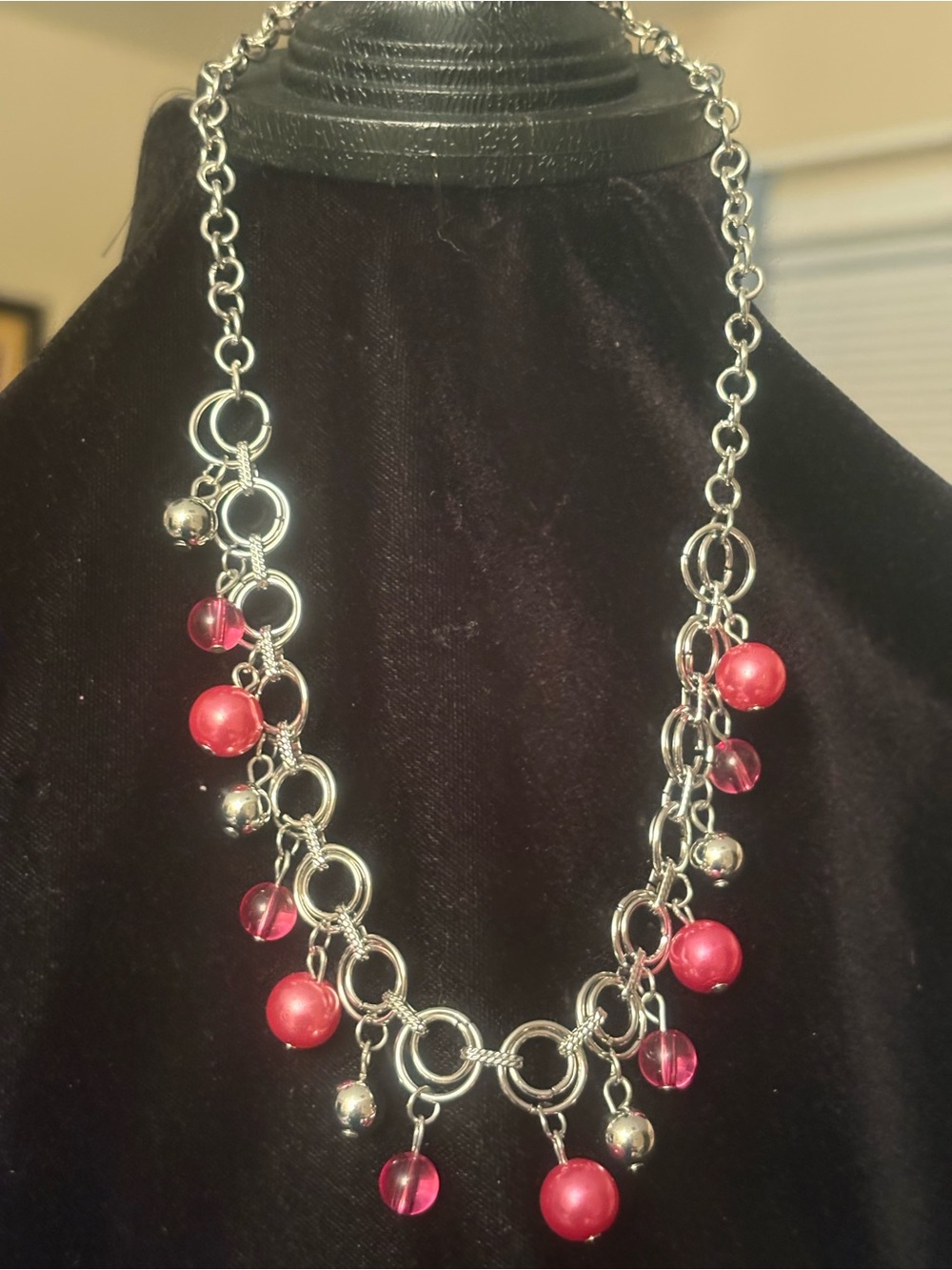 Silver Chain Necklace with cranberry Pink Bead Charms